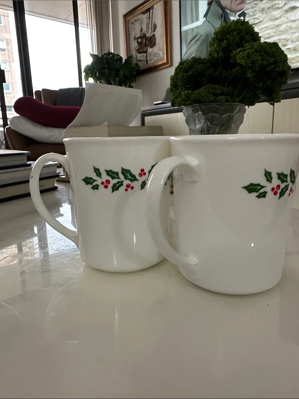 Vintage Corelle Winter Holly Christmas Mugs Set of 2 Corning Holiday Cups USA